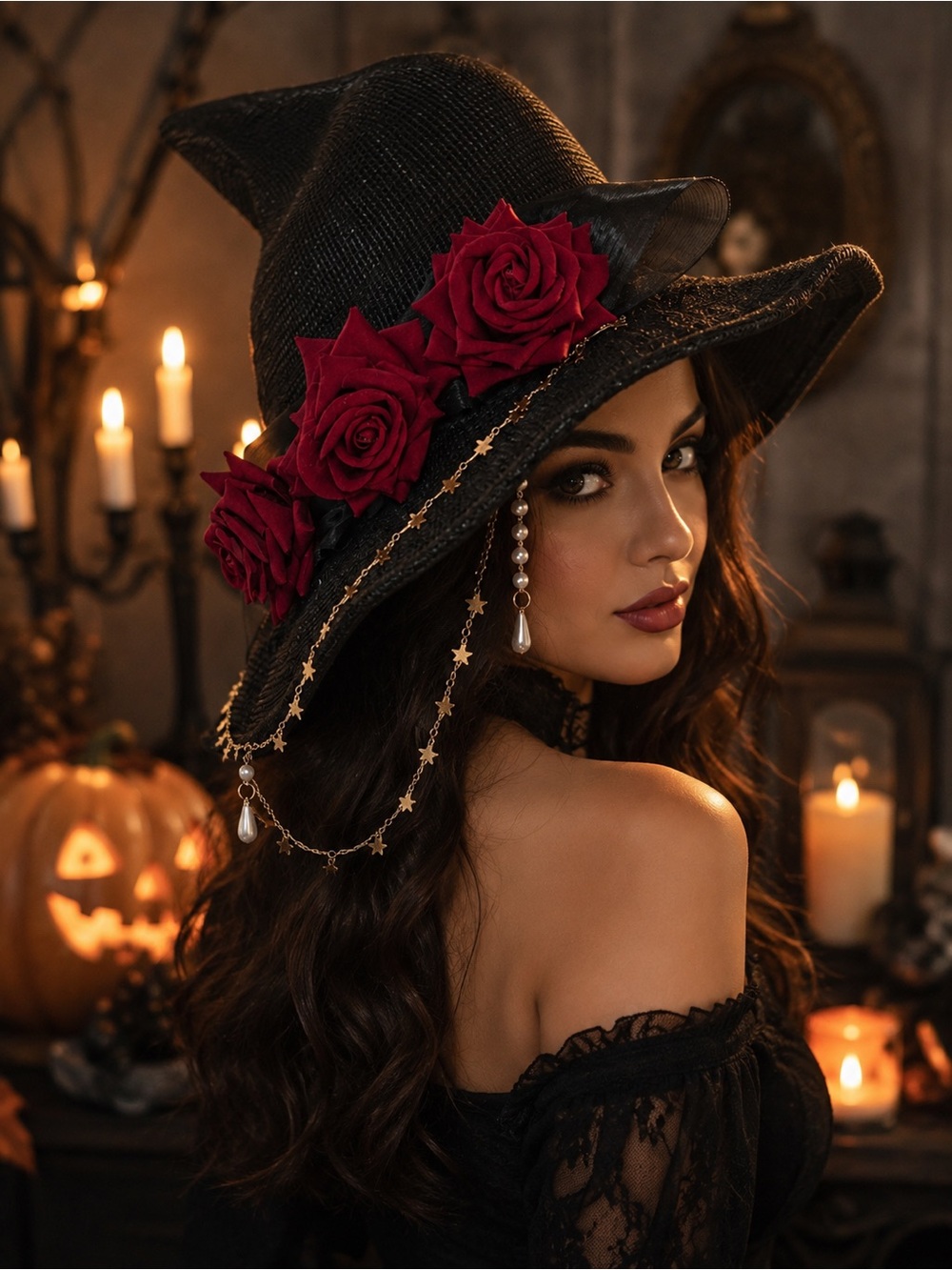 Gothic Black Witch Hat Red Roses Gold Star Chain Halloween Costume